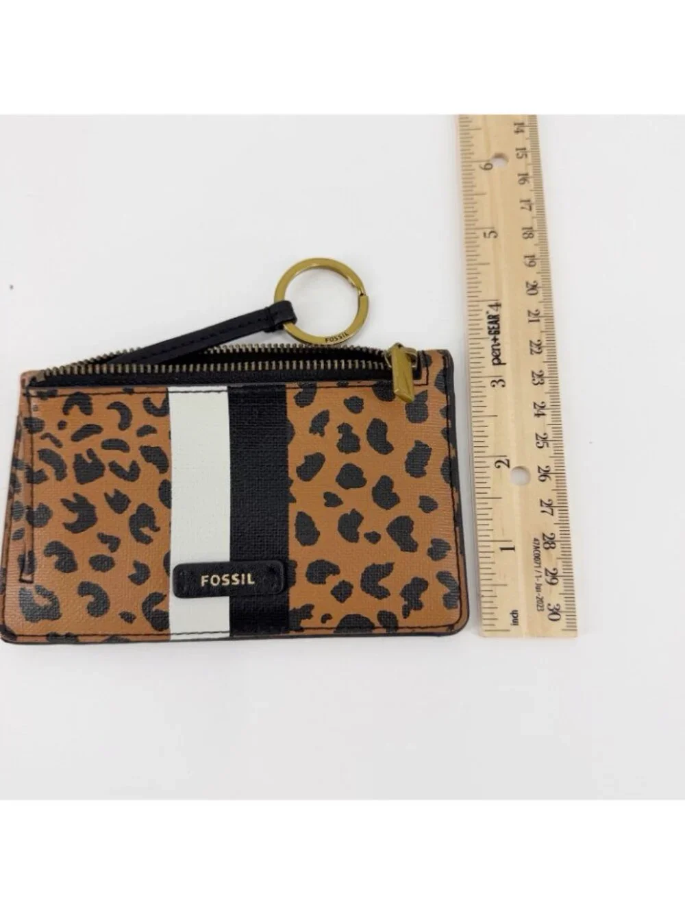 Fossil Leather Leopard Animal Print Zip Card Case Wallet Keychain
